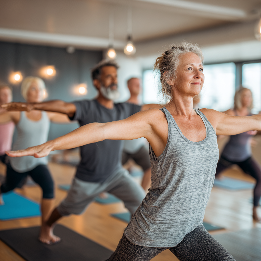 Diverse group of middle-aged adults practicing yoga together in a bright modern studio, instructor guiding students aged 40-55
