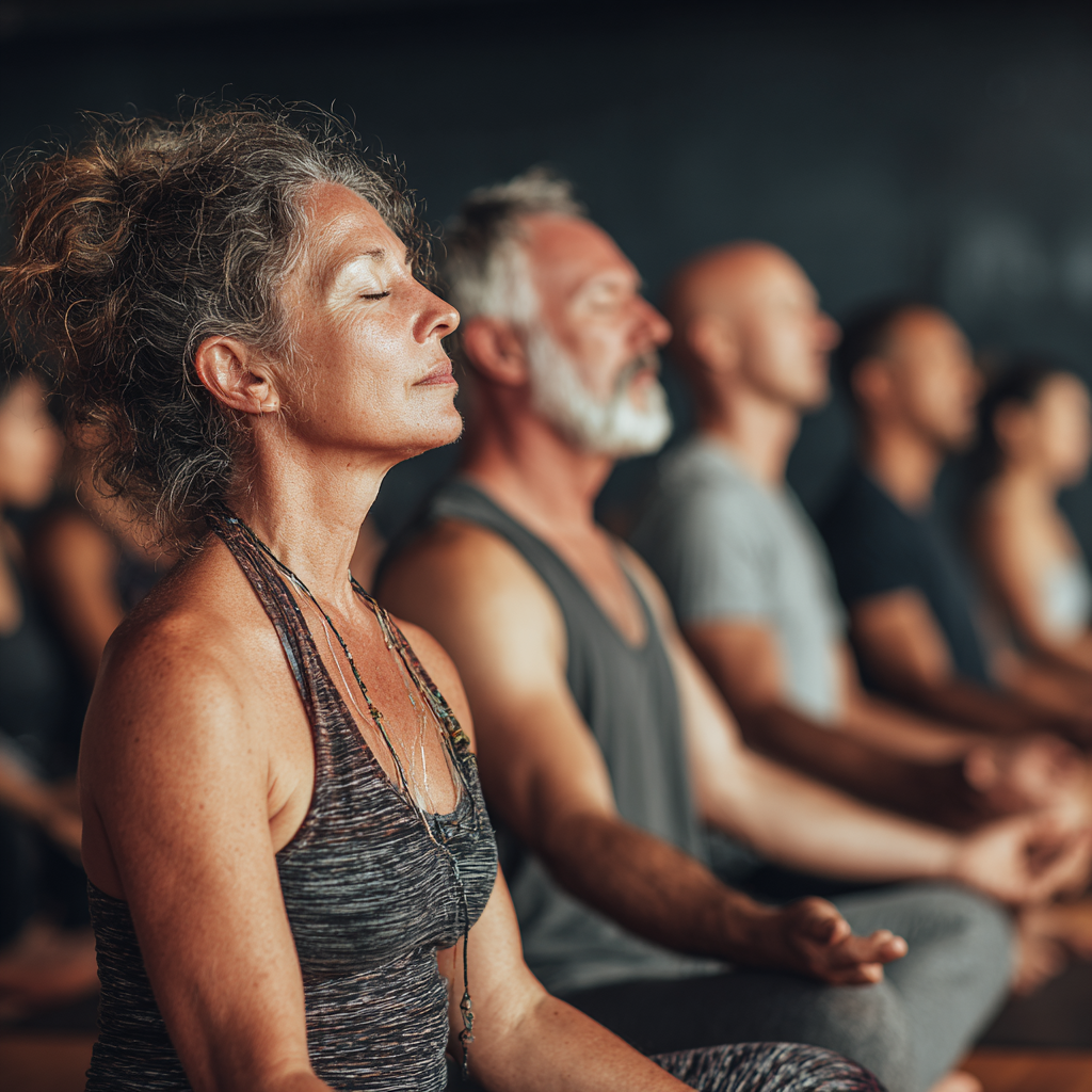 Group of adults aged 45-55 sitting in meditation pose during a peaceful yoga class, diverse participants in comfortable yoga attire
